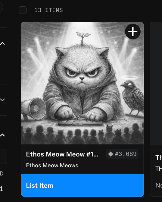 A screenshot of an OpenSea listing showing "Ethos Meow Meow #1..." from the "Ethos Meow Meows" collection at item #3,689, featuring a grumpy cat DJ with a sprout on its head performing for a crowd alongside a crow companion, directly illustrating the airdropped NFT mentioned in the post.