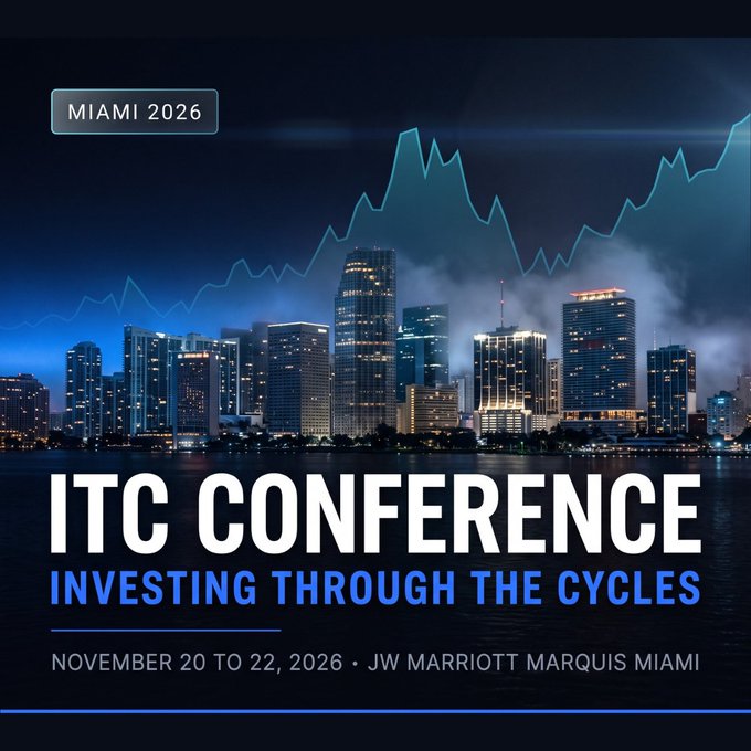 Promotional graphic for the ITC Conference in Miami (November 20–22, 2026) at the JW Marriott Marquis Miami, featuring a nighttime Miami skyline overlaid with a rising market chart and the tagline "Investing Through the Cycles," visually reinforcing the post's message about the upcoming price increase for Standard, Pro, and VIP tickets.