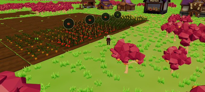 A screenshot from a farming simulation game showing character in a field with crops, orange trees, and pink trees with a 'Market' building in the background.
