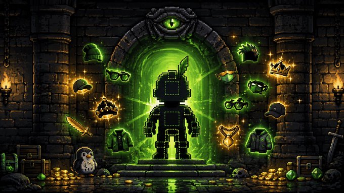 A pixel-art scene showing a black silhouetted character holding a sword, standing in a glowing green portal inside a stone dungeon, surrounded by floating items like hats, masks, crowns, a sword, and coins.
