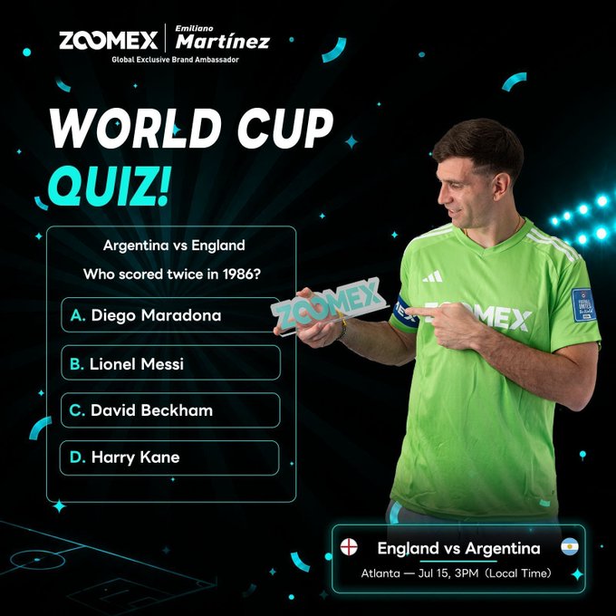The image is a Zoomex promotional World Cup Quiz graphic featuring global brand ambassador Emiliano "Dibu" Martínez, the Argentine goalkeeper, wearing a green goalkeeper jersey and pointing to the Zoomex logo. The quiz asks "Argentina vs England — Who scored twice in 1986?" with multiple-choice options A. Diego Maradona, B. Lionel Messi, C. David Beckham, and D. Harry Kane, while the bottom of the image displays the matchup banner: "England vs Argentina — Atlanta — Jul 15, 3PM (Local Time)."