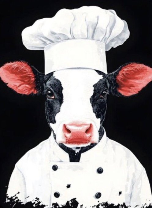 Stylized illustration of a black-and-white Holstein cow with pink ears wearing a white chef's toque and chef's coat against a black background.