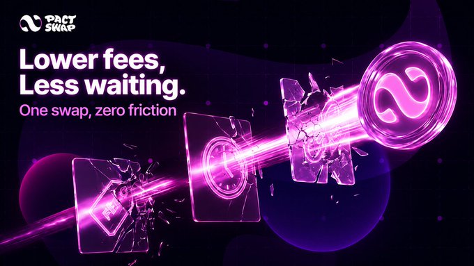 A promotional banner for Pact Swap featuring the headline "Lower fees, Less waiting" and tagline "One swap, zero friction," visually depicting a glowing pink laser beam shattering a series of translucent token cards as it propels a large Pact Swap coin forward—symbolizing the seamless, low-friction cross-chain asset transfers highlighted in the accompanying post.