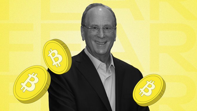 A black-and-white photo of a smiling man in glasses is overlaid on a yellow background featuring Bitcoin coin graphics and faint currency symbols.