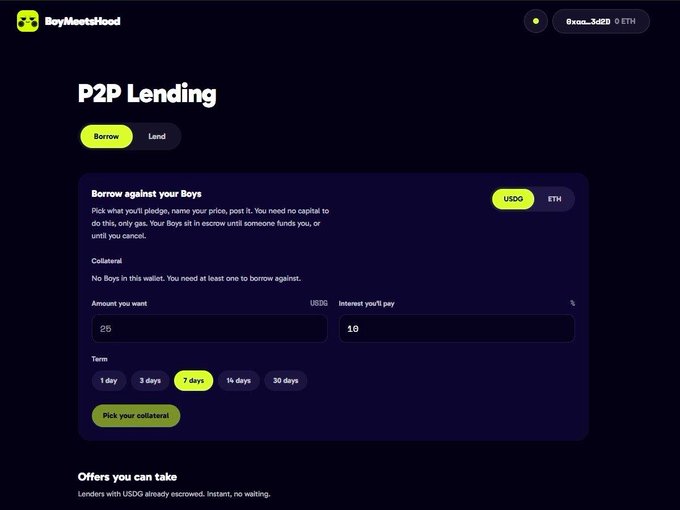 The BoyMeetsHood P2P Lending interface with the Borrow tab active, showing USDC selected, a borrowing amount of 20, interest of 10, and a 7-day term option highlighted.