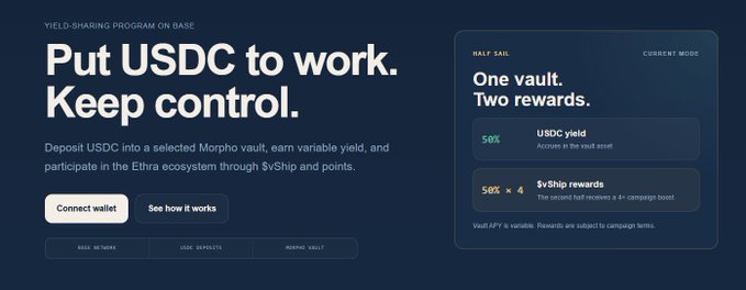 A digital banner promoting a 'Yield-Sharing Program on Base' with the headline 'Put USDC to work. Keep control.' Users can deposit USDC into a Morpho vault to earn 50% USDC yield and 50% $vShip rewards, with options to 'Connect wallet' and 'See how it works.'