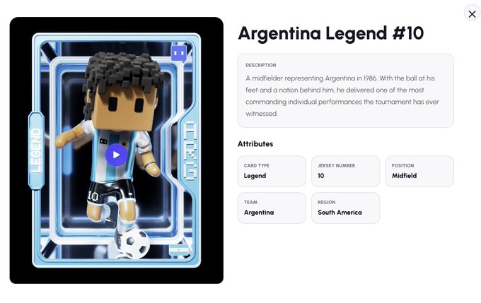 A digital collectible card titled 'Argentina Legend #10' depicting a 3D voxel-style midfielder in an Argentina jersey with the ball at his feet, with attributes listing Card Type: Legend, Jersey Number: 10, Position: Midfield, Team: Argentina, Region: South America.
