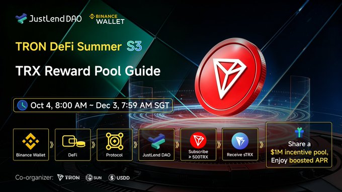 Promotional graphic for the 'TRON DeFi Summer S3' TRX Reward Pool Guide by JustLendDAO and Binance Wallet, running Oct 4 - Dec 3 SGT, featuring a $1M incentive pool for subscribing with 500 TRX.