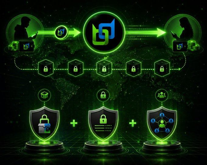 A green-themed digital graphic depicting blockchain/cryptocurrency security architecture, showing people, locked data blocks, and interconnected shields with padlock icons.