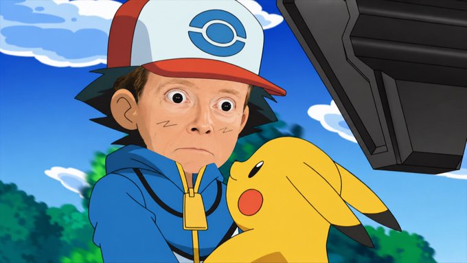 A young trainer with a shocked, wide-eyed expression clutches his Pikachu, staring in disbelief at what appears to be a falling or looming object above them, evoking the meme-like feeling of "$Cope mon" — capturing a moment of stunned reaction to an overwhelming, hard-to-process situation.