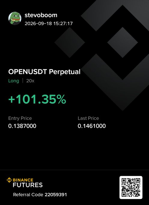 A screenshot of a Binance Futures trading profit display for user 'stevoboom' dated 2026-09-18, showing a +101.35% gain on a Long OPENUSDT Perpetual position with 20x leverage, featuring Referral Code 22059391.