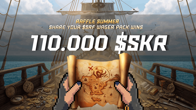 A promotional graphic featuring a pirate ship scene with treasure, gold coins, and a map, announcing "RAFFLE SUMMER" and "110,000 $SKR" as a prize for sharing $SRF wager pack wins in a treasure map-themed pirate adventure.