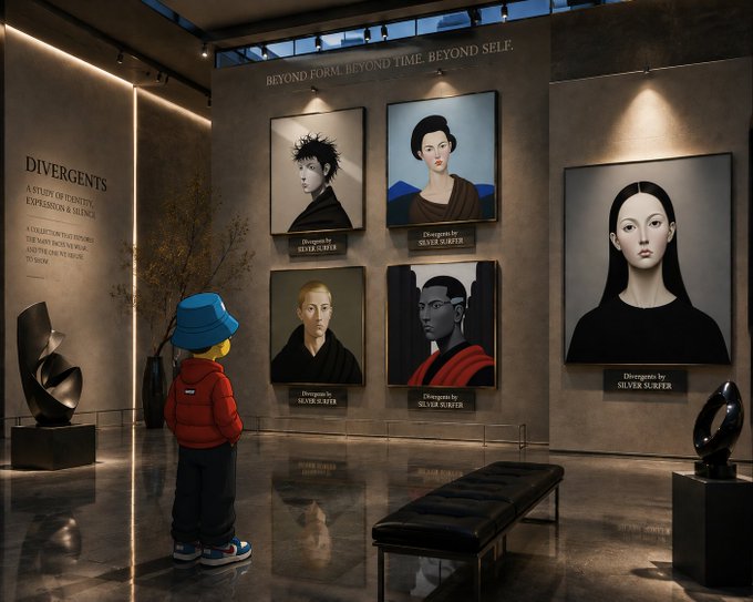 A digital art gallery scene showing a small character in a red jacket and blue cap viewing portrait paintings on the wall, with text reading 'DIVERGENTS - A STUDY OF IDENTITY, EXPRESSION & SILENCE' and 'BEYOND FORM, BEYOND TIME, BEYOND SELF' along with 'Divergents by SILVER SUBTER'.