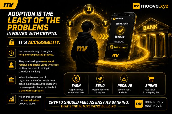A moove.xyz promotional graphic stating 'ADOPTION IS THE LEAST OF THE PROBLEMS INVOLVED WITH CRYPTO. IT'S ACCESSIBILITY,' showing features like Earn, Send, Receive, and Spend with a person using the app interface.