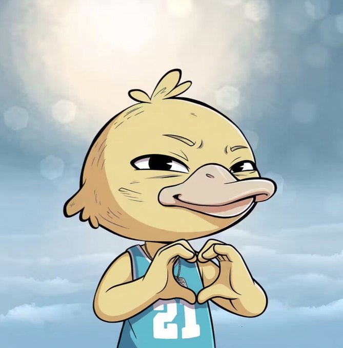 A cartoon duck character wearing a teal basketball jersey with the number "21" makes a heart shape with its hands, set against a cloudy sky background. The image relates to the post's mention of "no more Quacks," serving as a mascot-like figure that evokes the community spirit of the @wallchain project during its turbulent period.