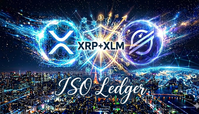 The image features an advertisement for Bitcoin Core, which is displayed against a city skyline at night. The text "XRP XLM" and "XRP+XLM" are written above the cityscape, indicating that these are the cryptocurrencies being promoted in the ad. The background of the image shows a nighttime city scene with buildings illuminated by artificial lights. The overall design suggests an urban setting where Bitcoin Core is being showcased as a potential investment opportunity or retirement plan for those who have invested in it.