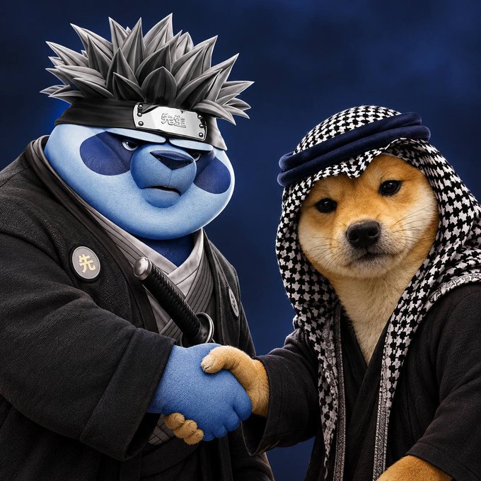 A blue panda-like character in a Naruto-style ninja outfit shakes hands with a Shiba Inu dog wearing a keffiyeh, set against a dark background. The anime-style "partnership" imagery is used to promote the $SOL giveaway, playfully suggesting an alliance between anime and dog-coin communities.