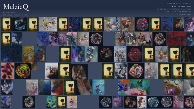 A portfolio webpage titled 'MelzieQ' displays a grid of artwork thumbnails in various styles, with menu text including 'BORN IN A LUCID DREAM', 'AS THE VEIL FALLS', and 'BOUQUET OF INTIMATE PASSINGS'.