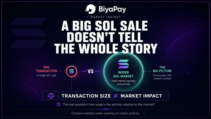 An infographic from BiyaPay titled 'A BIG SOL SALE DOESN'T TELL THE WHOLE STORY', comparing a single SOL transaction to the wider SOL market activity and context.