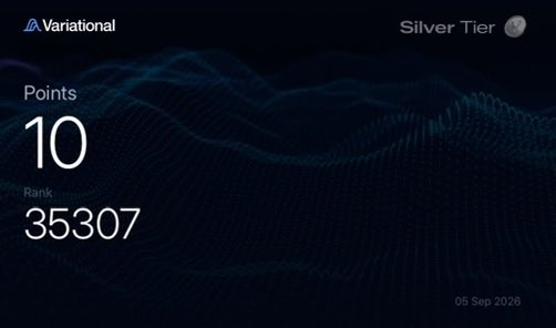 A Variational Silver Tier dashboard displays 10 Points and a Rank of 35,307, suggesting the user has minimal accumulated points—likely insufficient for reaching the 5-figure payout threshold mentioned in the post.