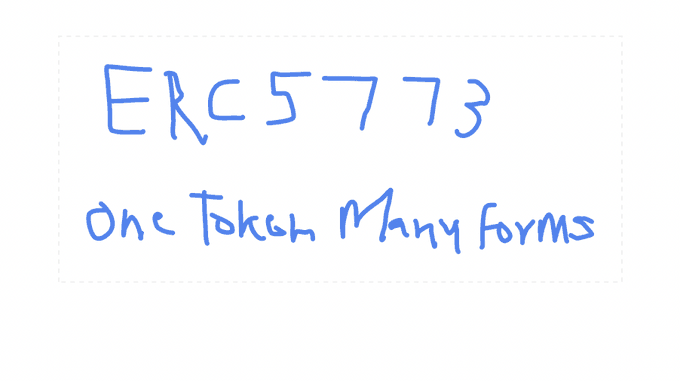 The image shows handwritten blue text reading "ERC5773" above "One Token Many forms." This relates to the post by referencing the ERC-5773 token standard, which enables a single NFT to take multiple forms—supporting the idea behind the $MANY collection where one token can be worn as identity, played as a character, read as a comic, or listened to as a song.