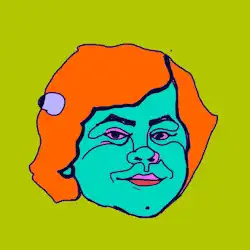 A colorful pop-art style digital illustration of a woman's face with teal skin and orange hair against a bright green background.