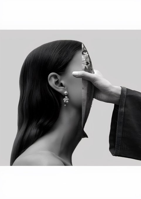 A surreal black and white photo collage showing a woman's profile with an earring, where a hand peels away her face like a mask to reveal a rocky texture underneath.