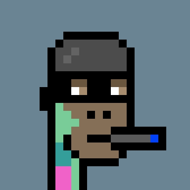 A pixel art character with a black helmet, green and pink clothing, and a brown face is displayed against a blue background. The image relates to the post by featuring a stylized avatar, likely representing a "Robin Hood"-themed NFT character from one of the listed communities.
