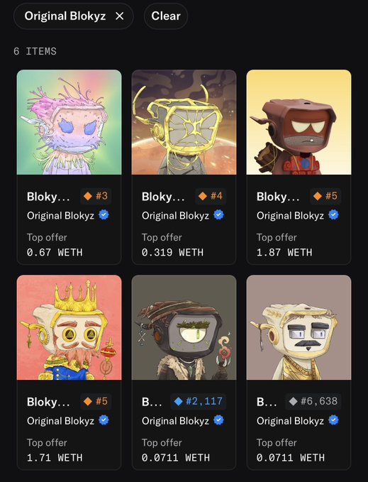 The image displays six NFT collectibles from the "Original Blokyz" collection on what appears to be an OpenSea marketplace, with top offers ranging from 0.0711 WETH to 1.87 WETH and individual Bloky items numbered #3, #4, #5, #2,117, and #6,638. This visual ties directly to the post about acquiring a "sixpack" of Blokyz NFTs, illustrating the owner's successful acquisition of six unique character-based digital collectibles, with the varying prices and item numbers highlighting the rarity-versus-scale dynamic discussed in their sports card hobby analogy.