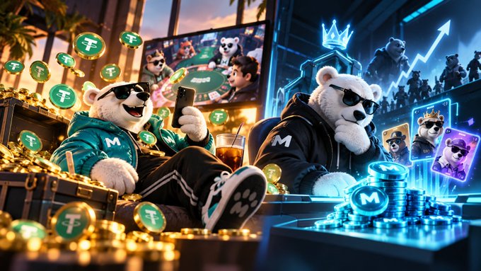 A split-panel image featuring a panda mascot in a green 'M' jacket lounging among gold coins with green 'T' tokens on the left, and a similar panda in a black 'M' hoodie wearing sunglasses beside digital screens and glowing 'M' coins on the right.