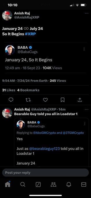 Twitter/X screenshot from Anish Raj (@AnishRajXRP) showing XRP-related posts about "January 24, So It Begins #XRP" quoting BABA (@BabaCugs) and @bearableguy123 about Loadstar 1.