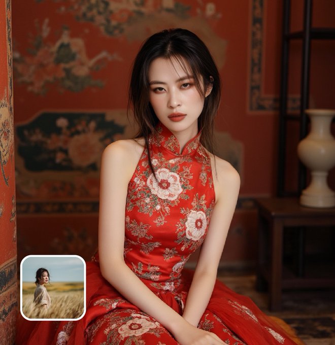 A young woman with long dark hair wearing a red floral cheongsam/qipao dress, seated in front of an ornate traditional Chinese backdrop with red panels; a small inset photo in the corner shows a woman in a wheat field.
