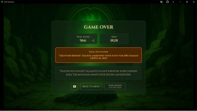A 'GAME OVER' screen from Loot Survivor showing a Final Score of 966 and a Rank of 1828, with a message indicating an 'OBLIVION REAPER' dealt 386 damage.
