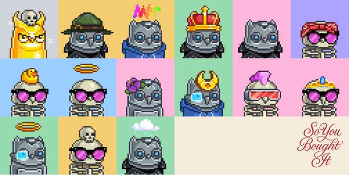 A grid of pixel art Bored Ape-style NFT characters with various accessories (crowns, 3D glasses, halos) and the text "So You Bought It" in the corner.