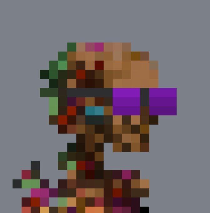 A heavily pixelated image showing a character with brown, green, and purple blocks, resembling a Minecraft-style skin or abstract digital art.