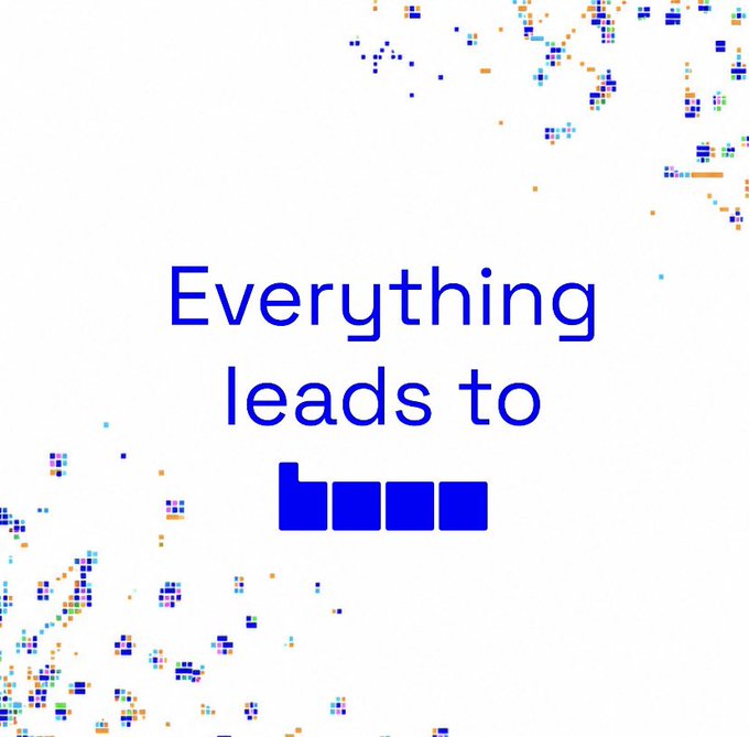 A graphic with the text 'Everything leads to' above a blue icon composed of four rounded squares, set against a white background with pixelated blue and orange accents.