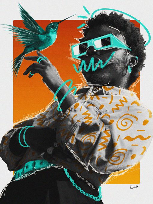 A stylized digital artwork featuring a person with teal sunglasses and a hummingbird, set against an orange background with swirling decorative patterns.