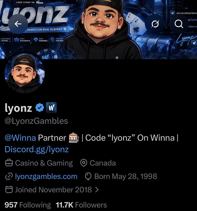 The image shows a Twitter/X profile for "lyonz" (@LyonzGambles), a verified casino and gaming streamer from Canada with 11.7K followers, promoting his "Winna" partner code. The caption "wen 12k" humorously anticipates reaching the next follower milestone, just shy at 11.7K.