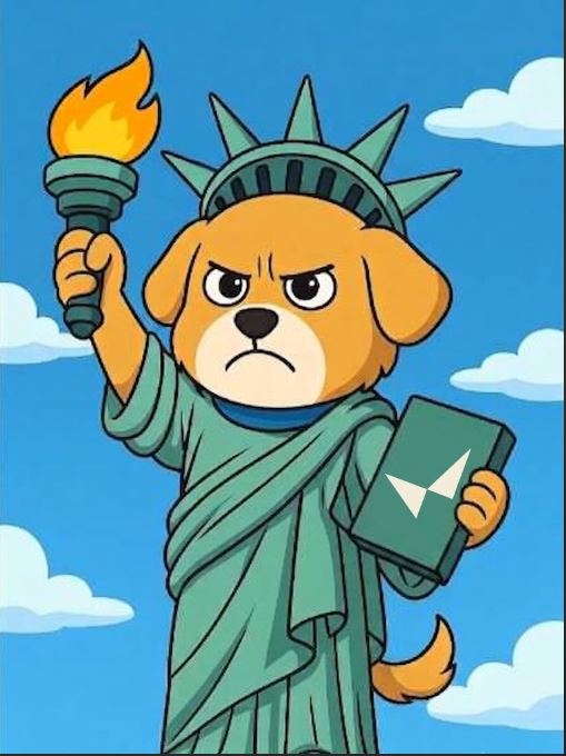 A cartoon dog dressed as the Statue of Liberty holds a torch in one hand and a green book with a white arrow logo in the other.