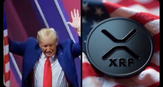 A split image showing Donald Trump with arms raised on the left and a black XRP token resting on an American flag on the right, visually tying Trump's political presence to the SEC's upcoming meeting on XRP and crypto regulation that could bring clearer rules for digital assets.