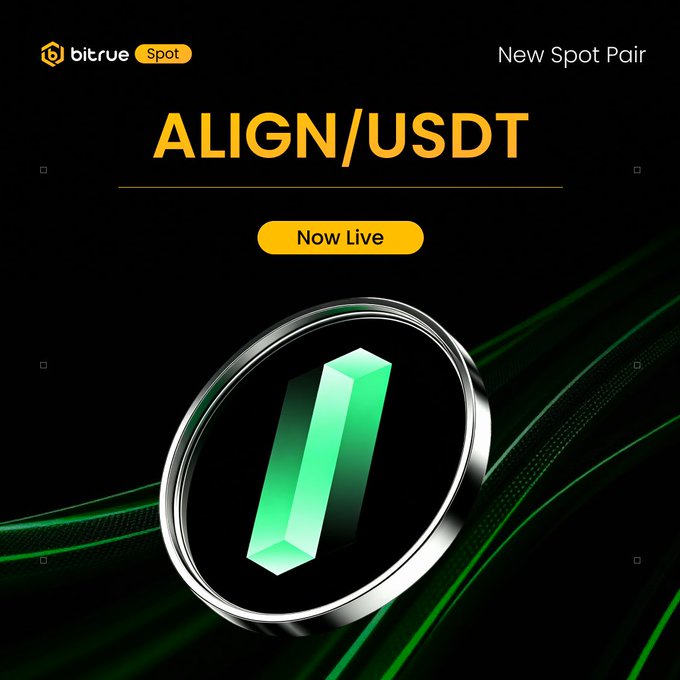 A promotional graphic from Bitrue Spot announcing the new ALIGN/USDT spot pair, now live for trading, featuring the ALIGN token logo inside a metallic circular emblem against a black background with green flowing accents.