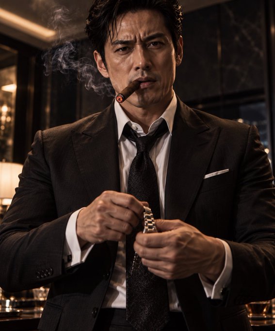 A man in a black suit and tie adjusts a gold watch on his wrist while smoking a cigar in a dimly lit, sophisticated setting.