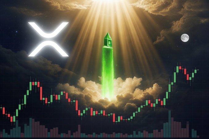 A glowing green XRP crystal rocket blasts through golden clouds and heavenly light, soaring upward while surrounded by a rising candlestick chart and the illuminated XRP logo and moon, visually capturing the post's prediction of a massive, world-shocking price surge for the cryptocurrency.