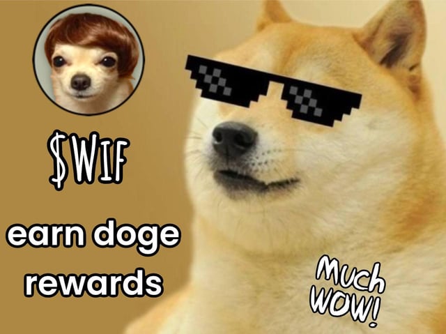 Meme image featuring a Shiba Inu dog wearing pixelated 'thug life' sunglasses with text '$WIF earn doge rewards Much WOW!' and a small profile picture in the corner.