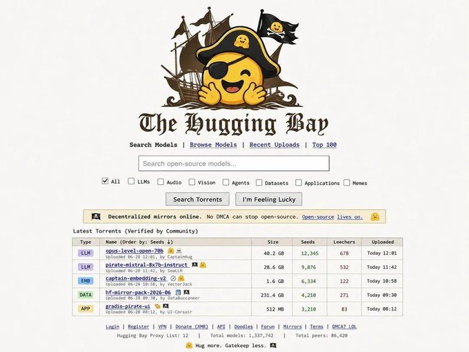 The image shows a pirate-themed website header for "The Hugging Bay," a torrent search platform for open-source models, featuring a smiling emoji pirate ship logo and listing the latest verified torrents including opus-level-open-7b (40.2 GB) and pirate-mistral-8x7b-instruct (28.6 GB). The nautical branding and model names like "pirate-mistral" directly tie into the "Sailors unite" caption, reinforcing the pirate theme.