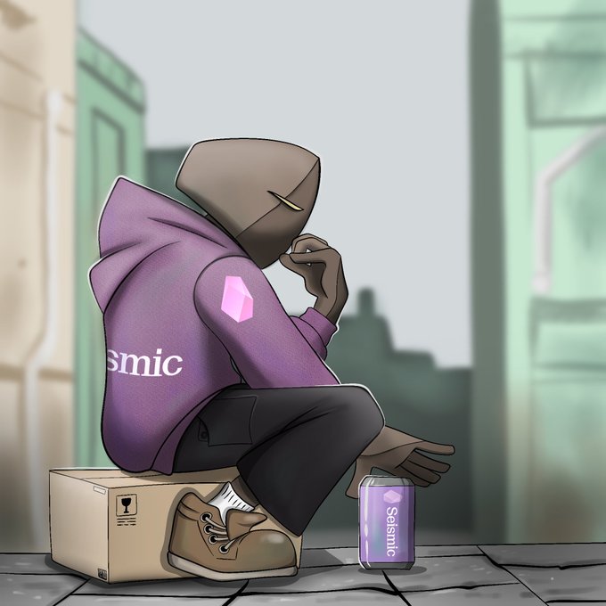 A hooded figure with a bag over their head sits on a cardboard box in an urban setting, accompanied by a purple can labeled "Seismic" at their feet. The mysterious, contemplative imagery of someone unwinding in the city aligns with the weekend message, suggesting a moment to relax and crack open a Seismic beverage.