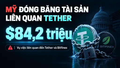 A Vietnamese news graphic about Tether and Bitfinex reads 'MỸ ĐÓNG BĂNG TÀI SẢN LIÊN QUAN TETHER' and '$84,2 triệu', showing a Tether coin wrapped in chains.