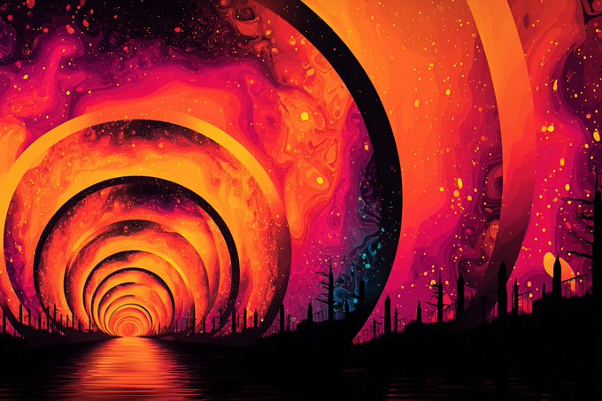 A vibrant, psychedelic digital artwork featuring concentric glowing orange and red rings forming a tunnel over water, with silhouettes of trees and a tiny figure against a cosmic background.
