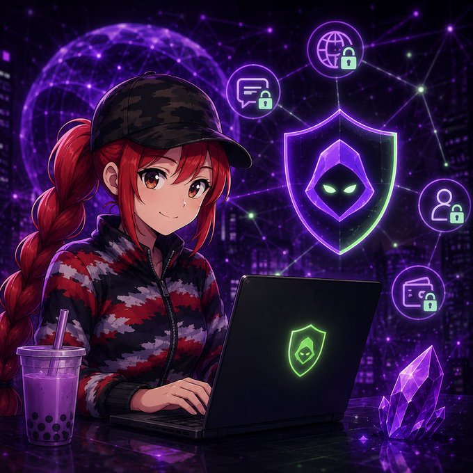 An anime-style illustration of a red-haired girl with a braid wearing a camouflage cap and jacket, working on a laptop displaying a green ghost-shield logo, surrounded by neon purple cybersecurity icons and crystals.