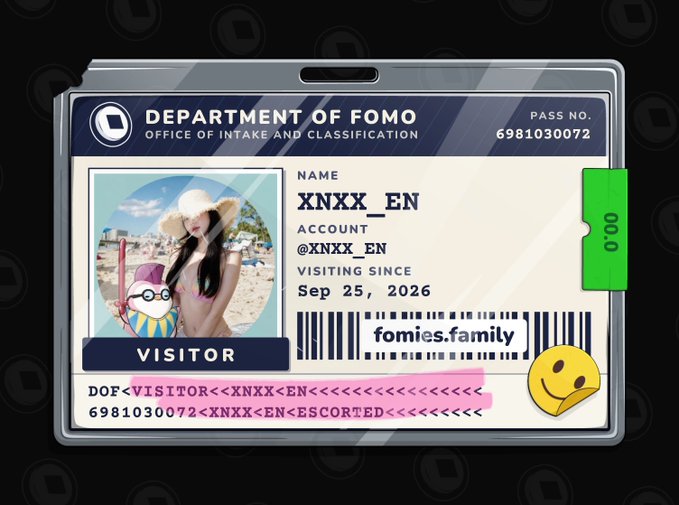 An illustration of an ID badge for the 'Department of FOMO' with the name 'XNXX_EN', a barcode for 'fomies.family', and a photo of a woman at the beach.